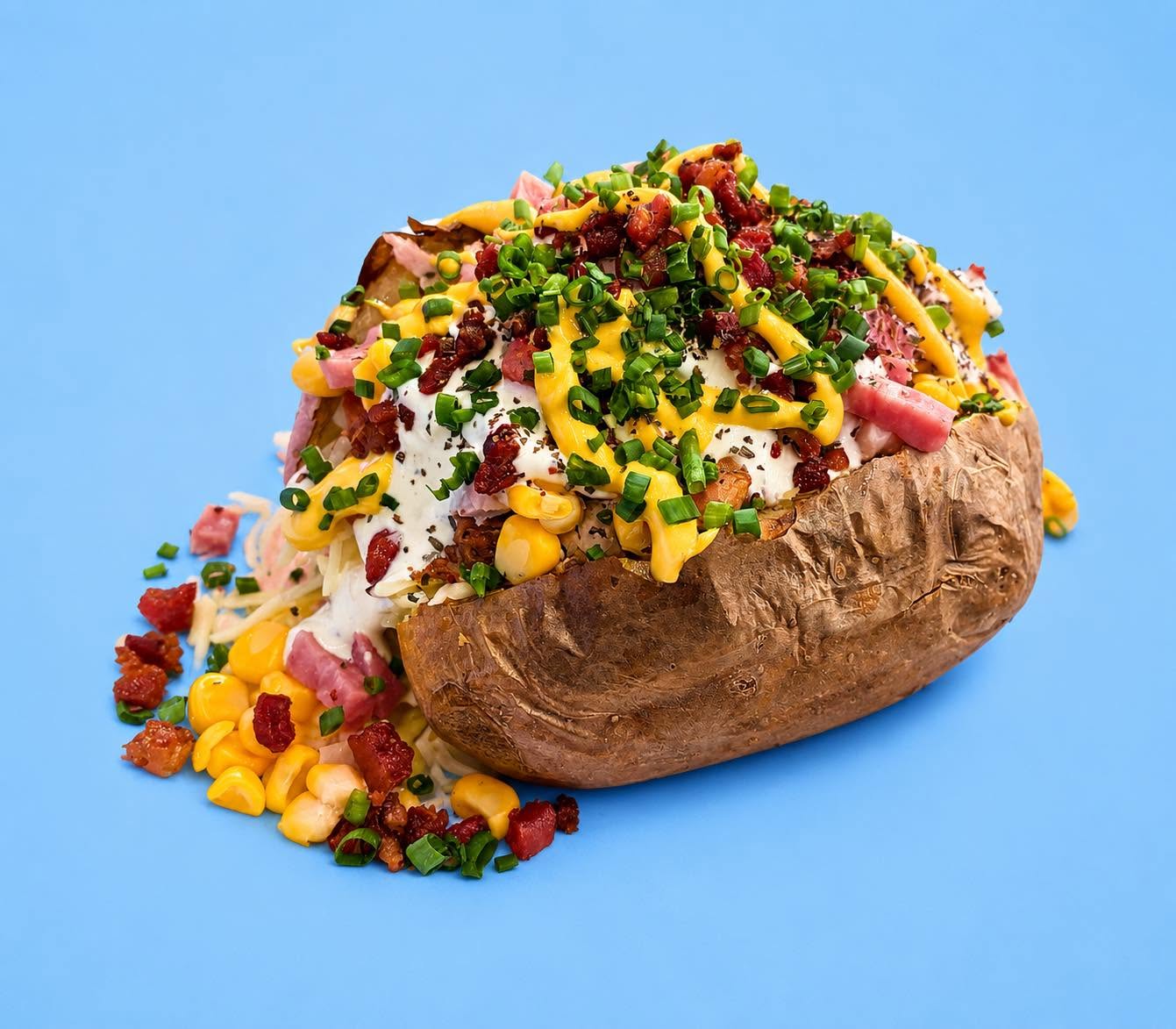 Stor bakt potet fylt med skinke, mais, bacon, rømmedressing, ostesaus og gressløk